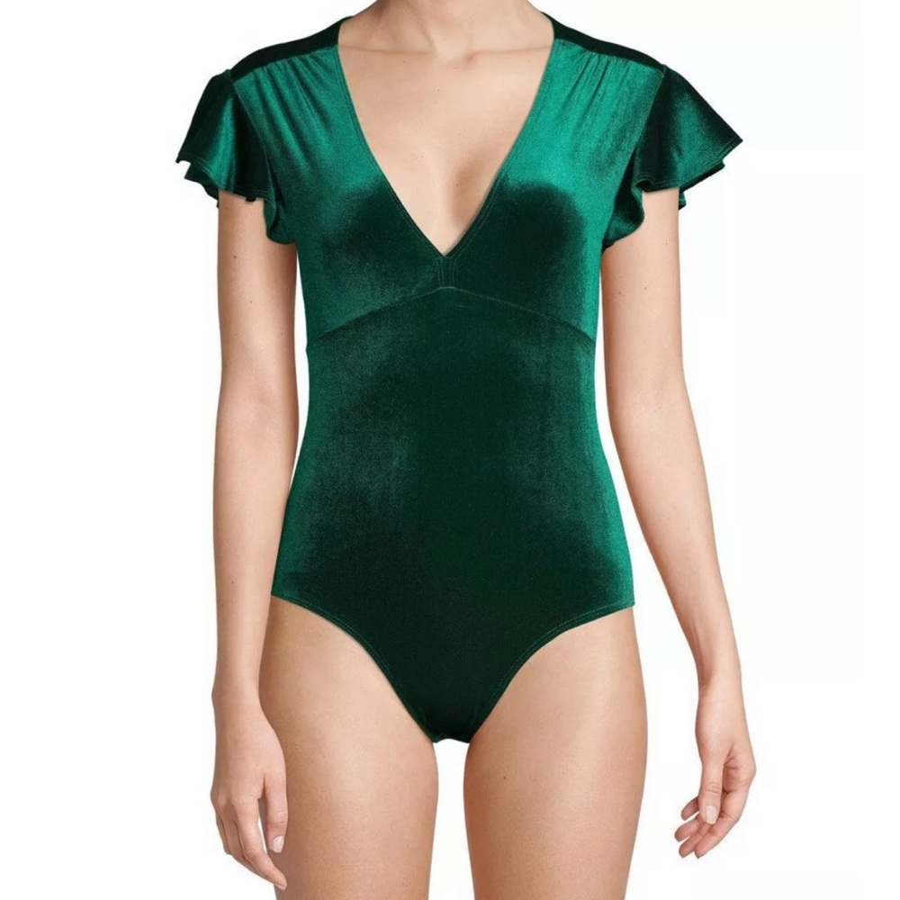Mimi Chica Green L V-Neck Velvet Bodysuit Top